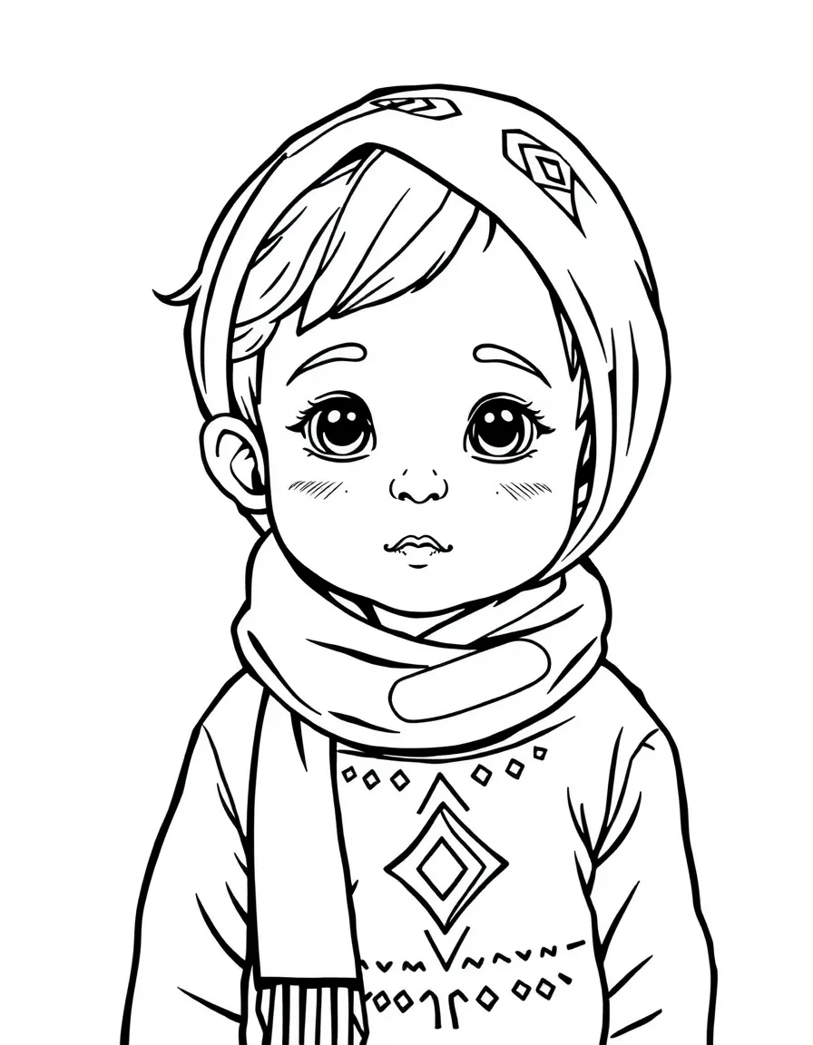 An Afghan child, with a simple geometric pattern on their scarf.