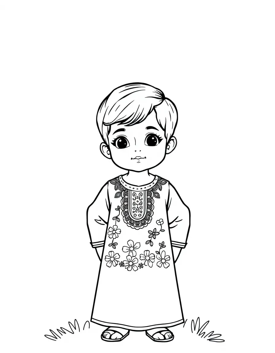 A Pakistani child, with a simple floral border on their kameez.