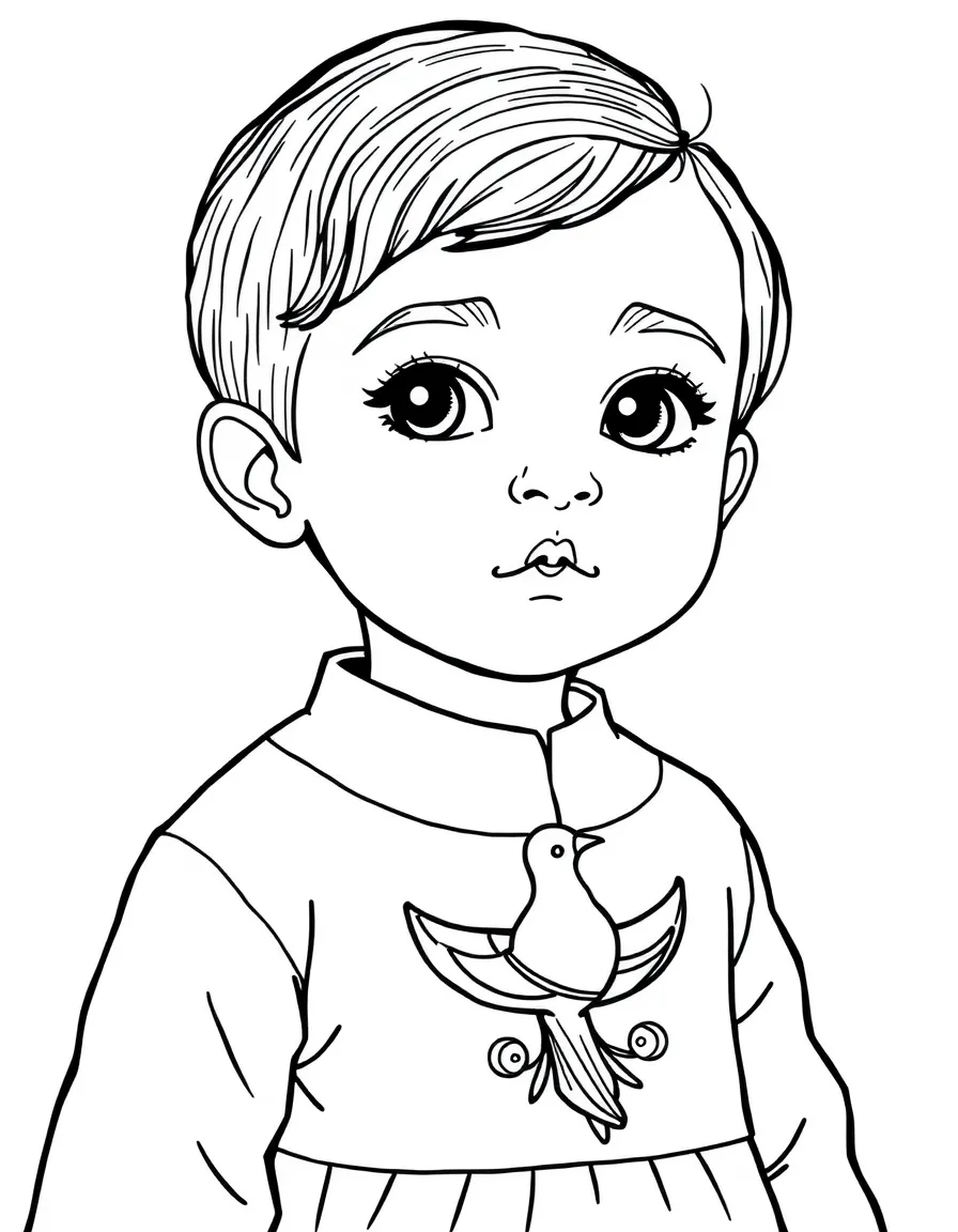 An Iranian child, with a simple bird pattern on their traditional dress.