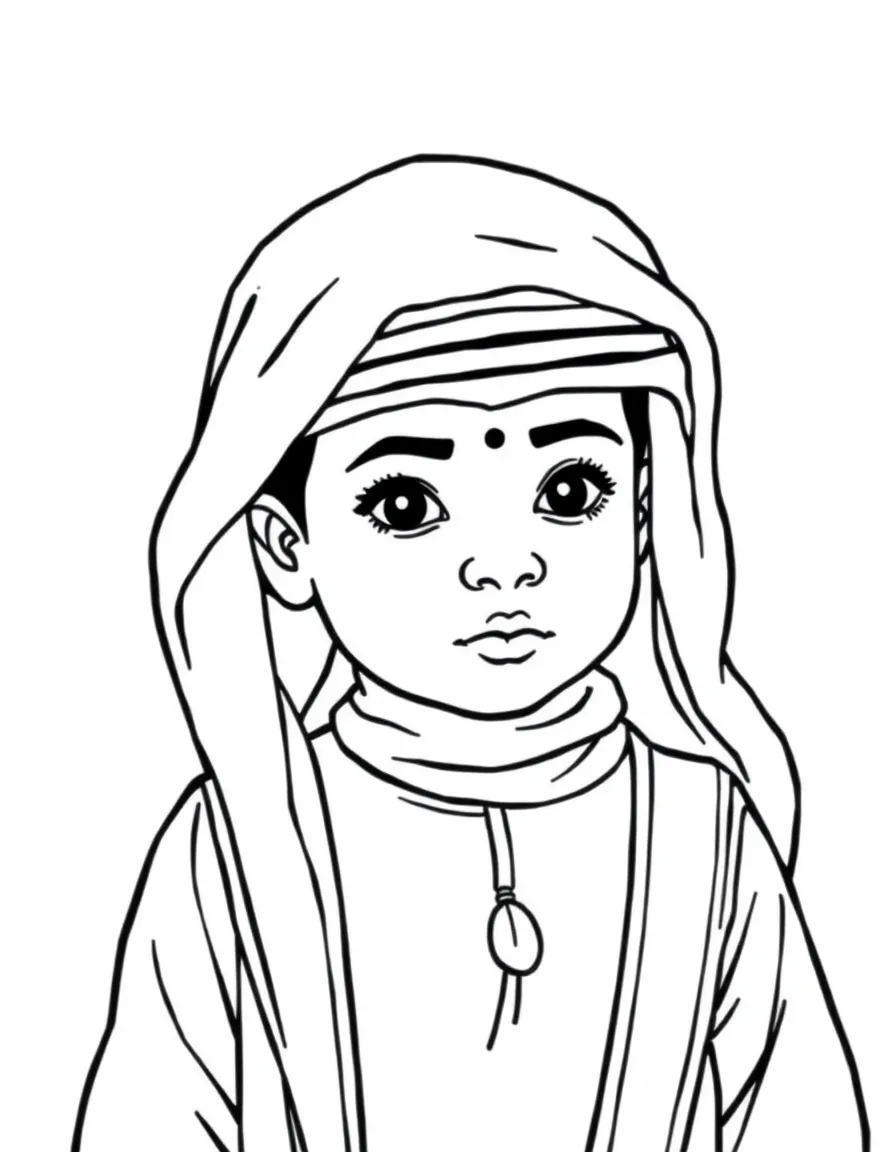 A Saudi Arabian child, with a simple date palm tree on their thobe.