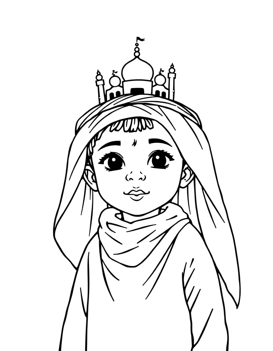 An Omani child, with a simple mosque outline on their cap.