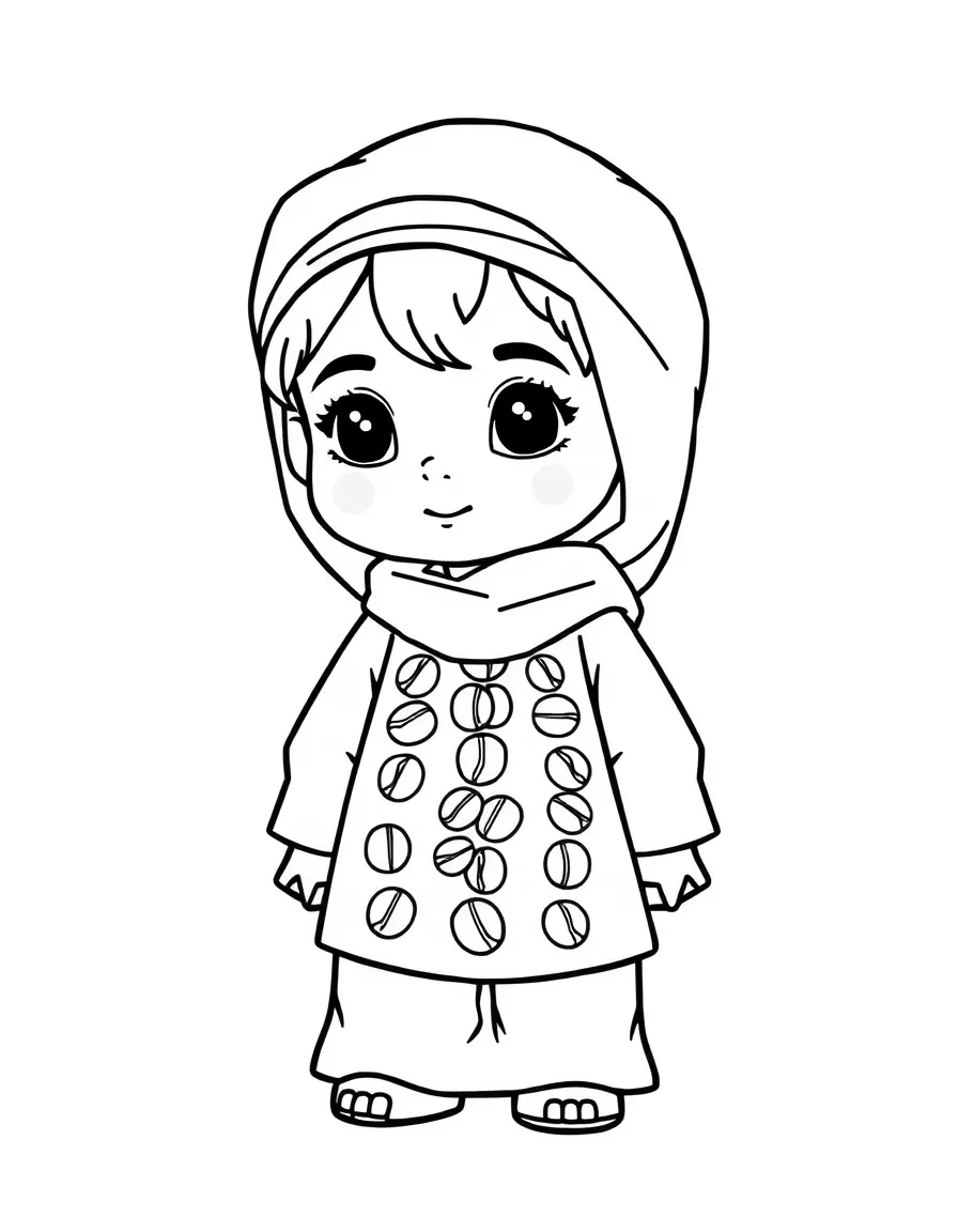 A Yemeni child, with a simple coffee bean pattern on their dress.