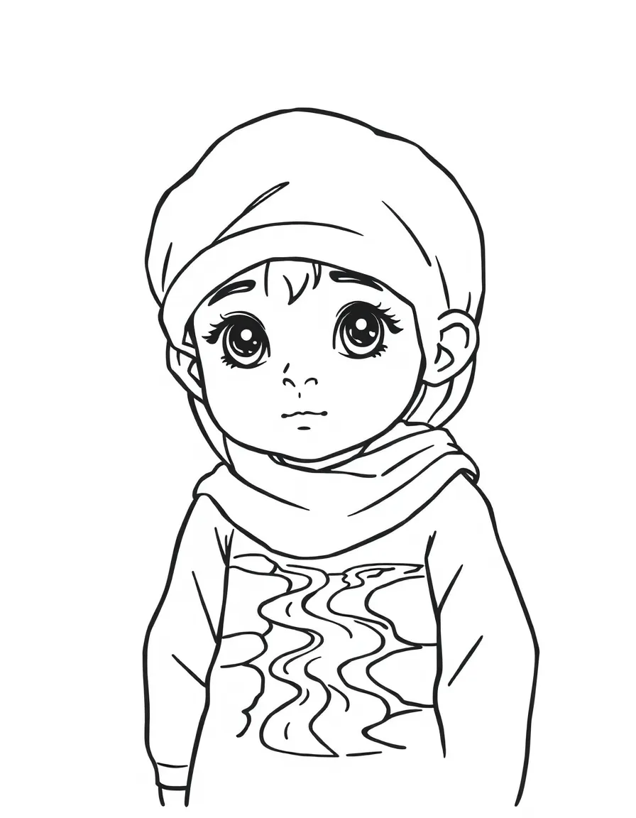 An Iraqi child, with a simple river design on their clothes.
