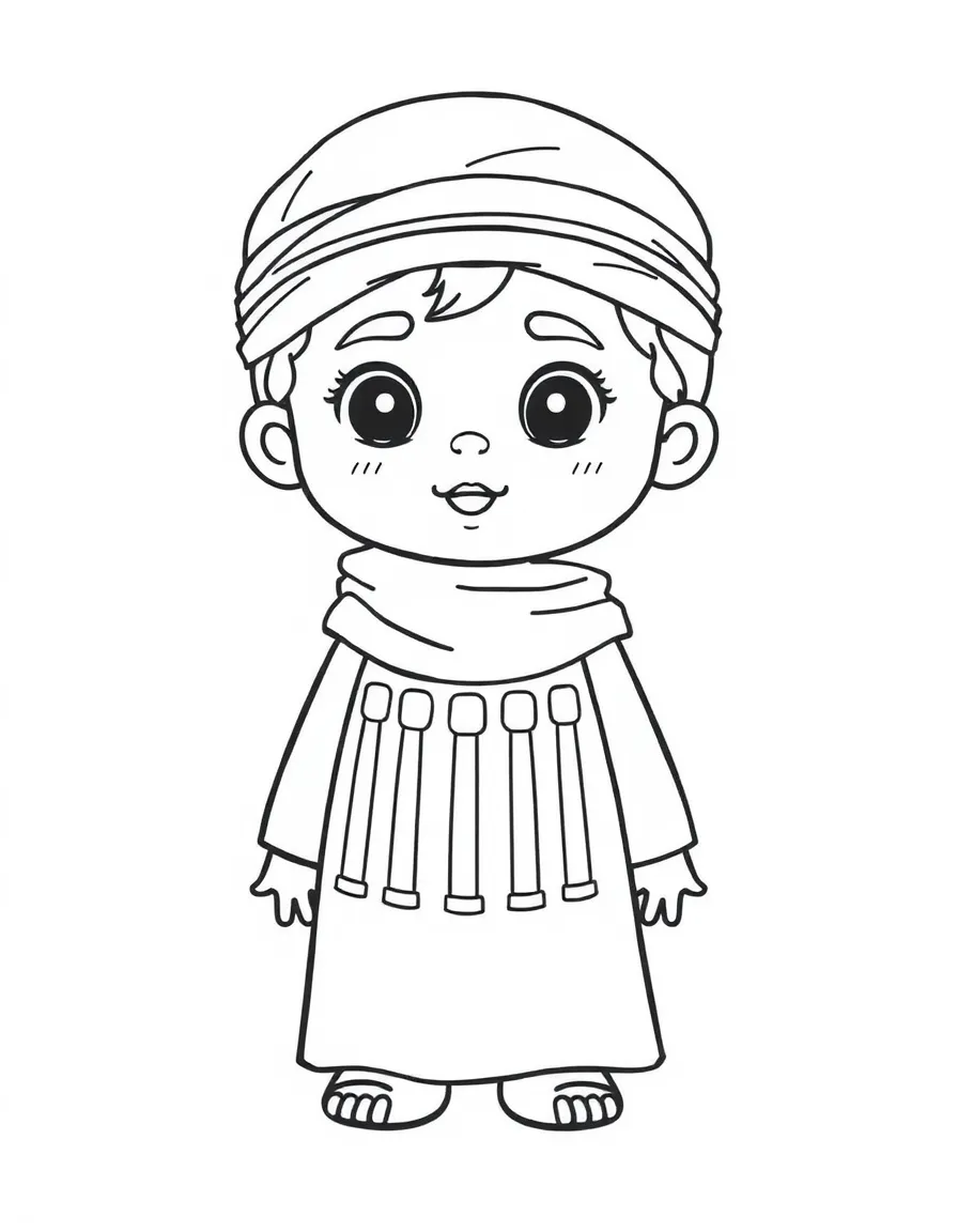 A Syrian child, with a simple column pattern on their outfit.