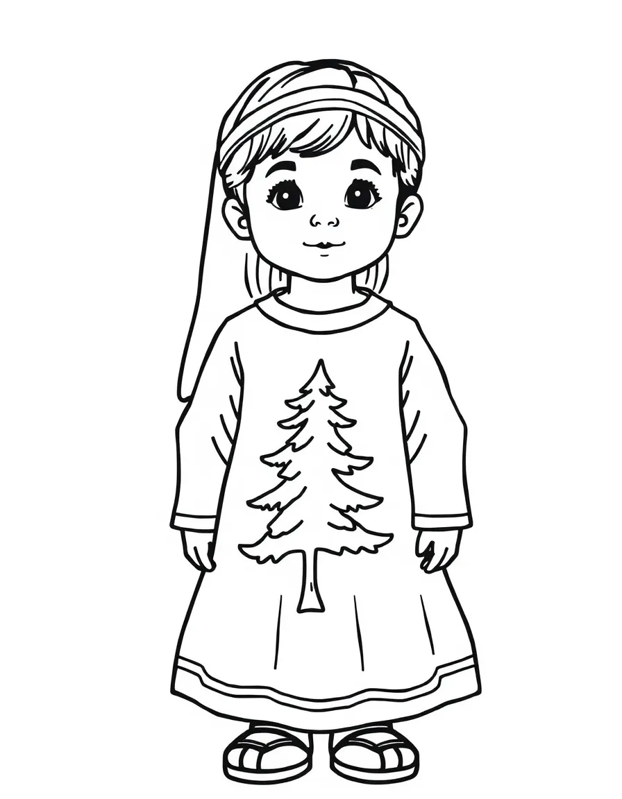 A Lebanese child, with a simple cedar tree outline on their dress.