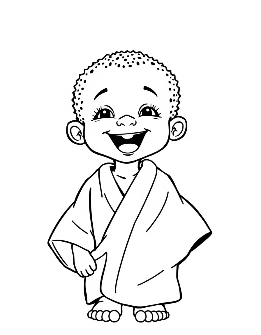 A joyful African child, wearing a simple bright blue robe, with a happy expression.