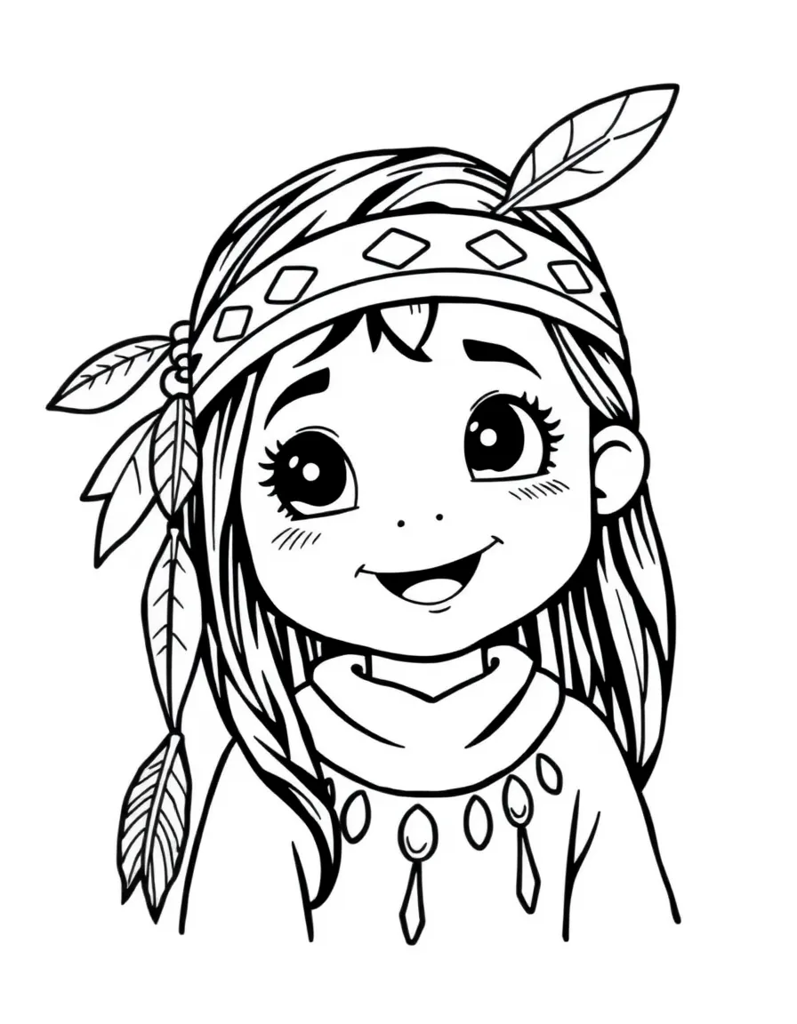 A happy Native American child, with a simple feather in their hair, looking curious.