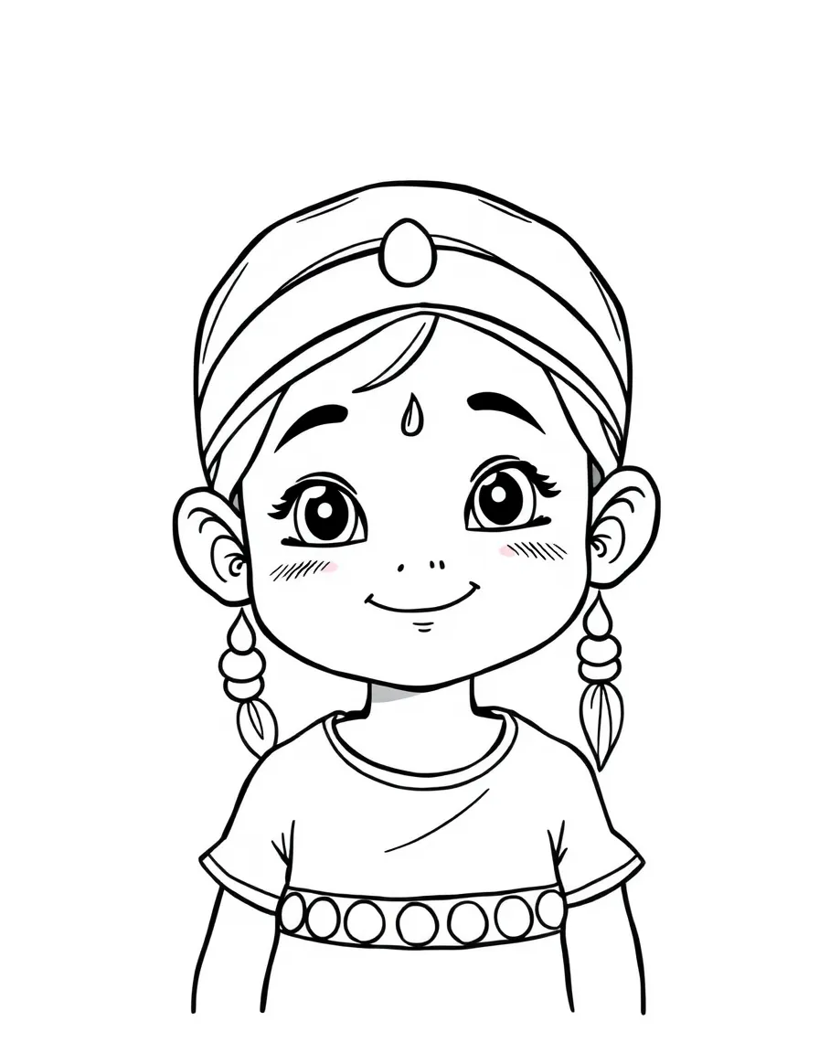 A smiling Indian child, in a plain green top, with gentle eyes.