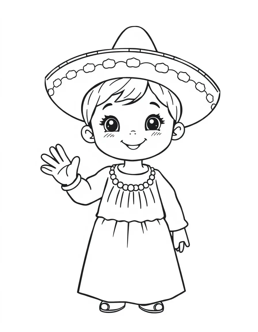 A cheerful Mexican child, in a simple white dress, with a friendly wave.
