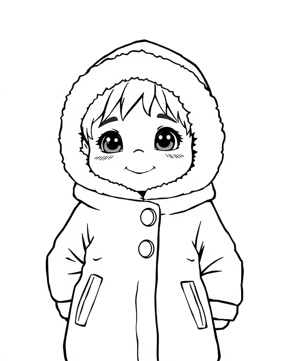An Inuit child, bundled in a plain warm coat, with a playful look.