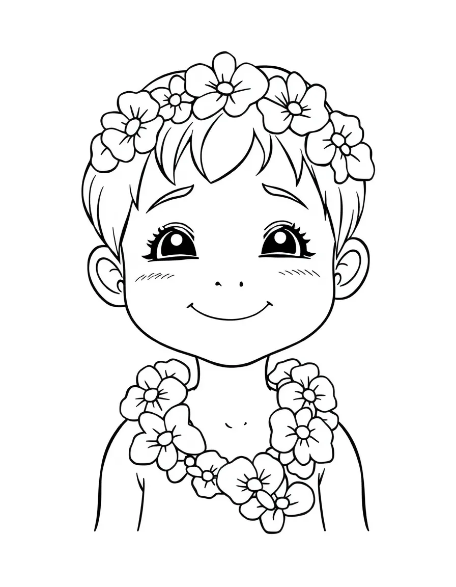 A Hawaiian child, wearing a simple lei, with a peaceful smile.