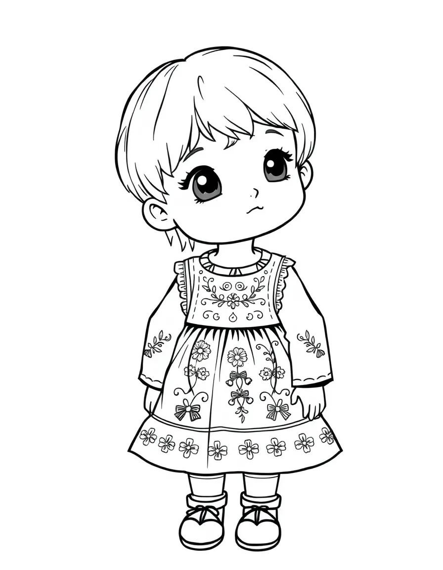 A Russian child, in a simple embroidered dress, looking thoughtful.