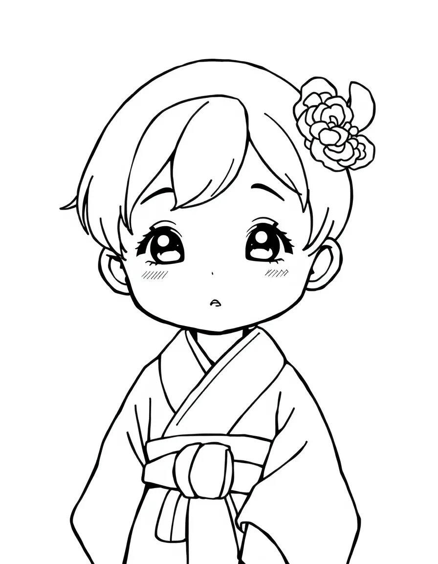 A Japanese child, in a plain kimono, with a serene expression.