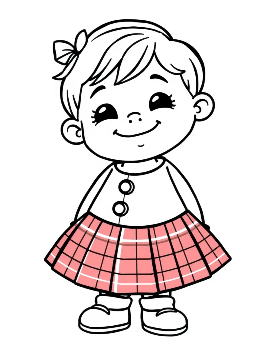 A Scottish child, in a simple tartan skirt, with a cheerful grin.