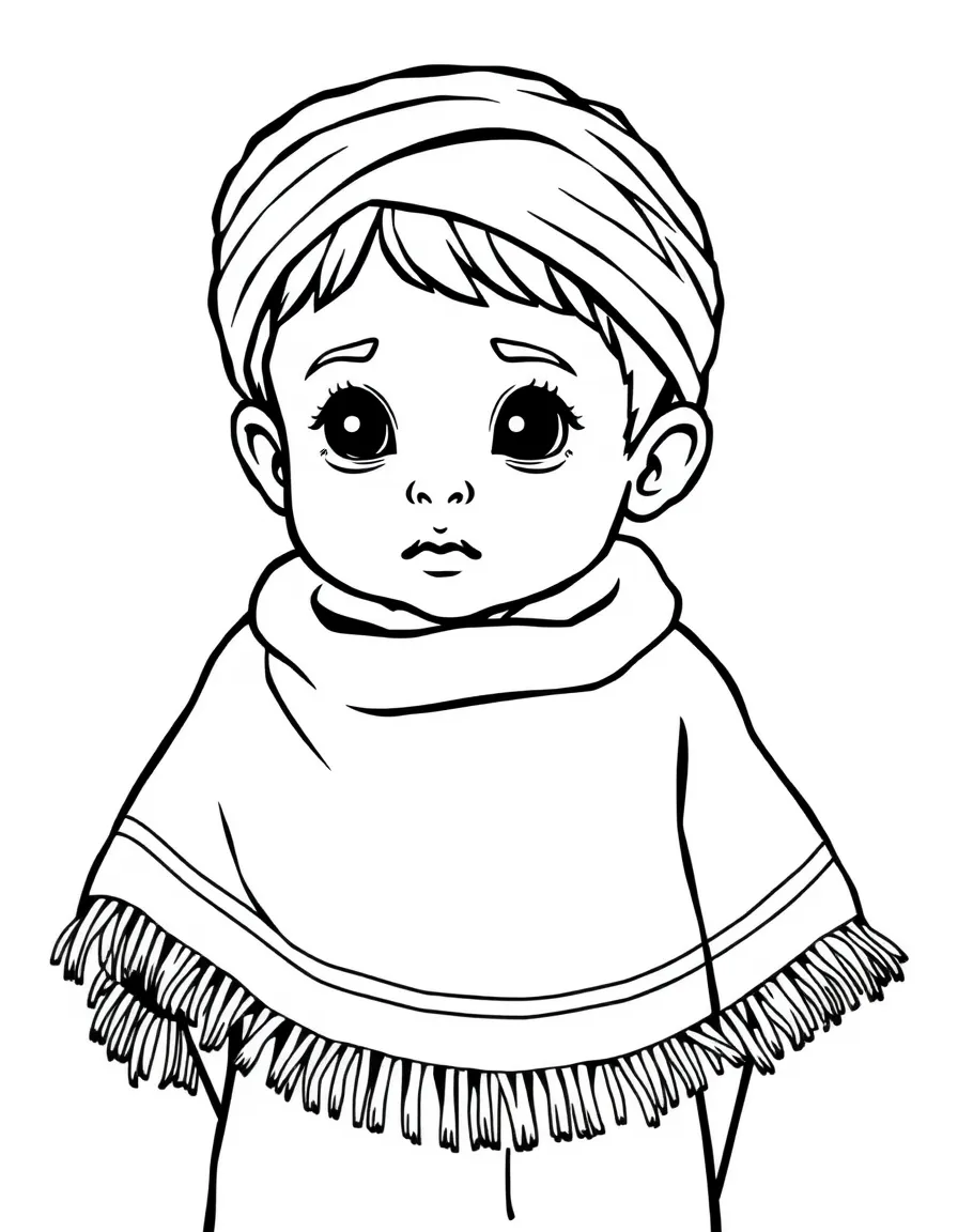A Peruvian child, in a plain woven poncho, looking contemplative.