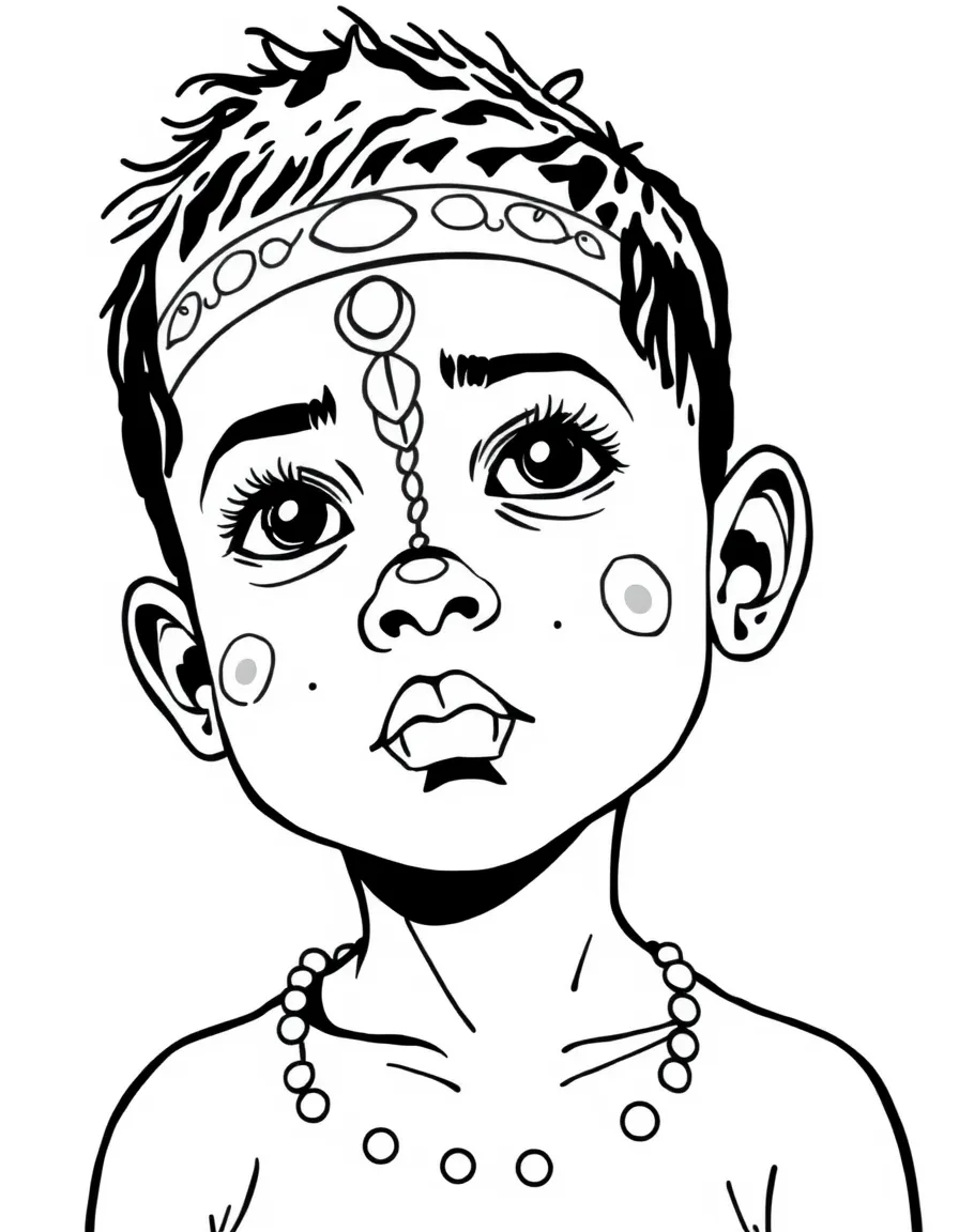 An Australian Aboriginal child, with simple face paint, looking observant.