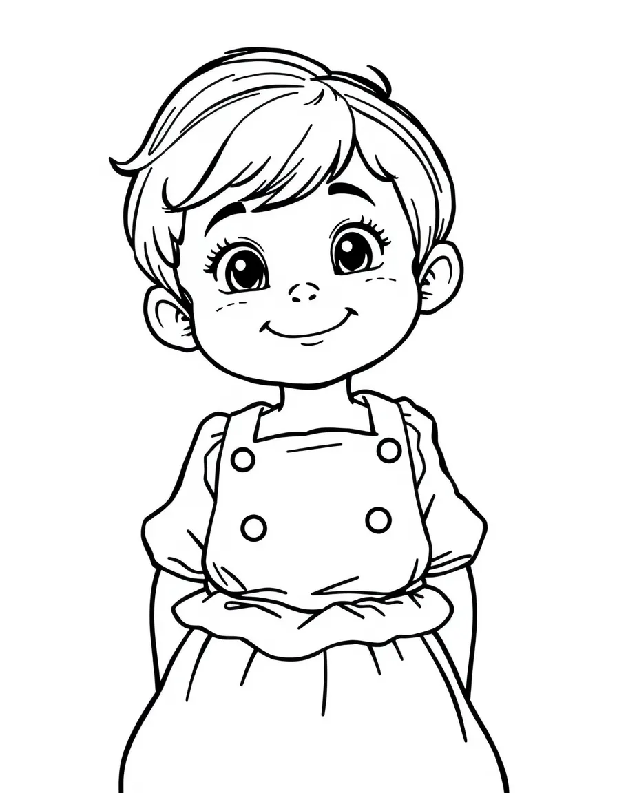An Italian child, in a simple apron dress, looking happy.