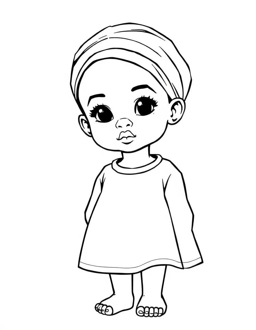 An Ethiopian child, in a plain white dress, looking dignified.
