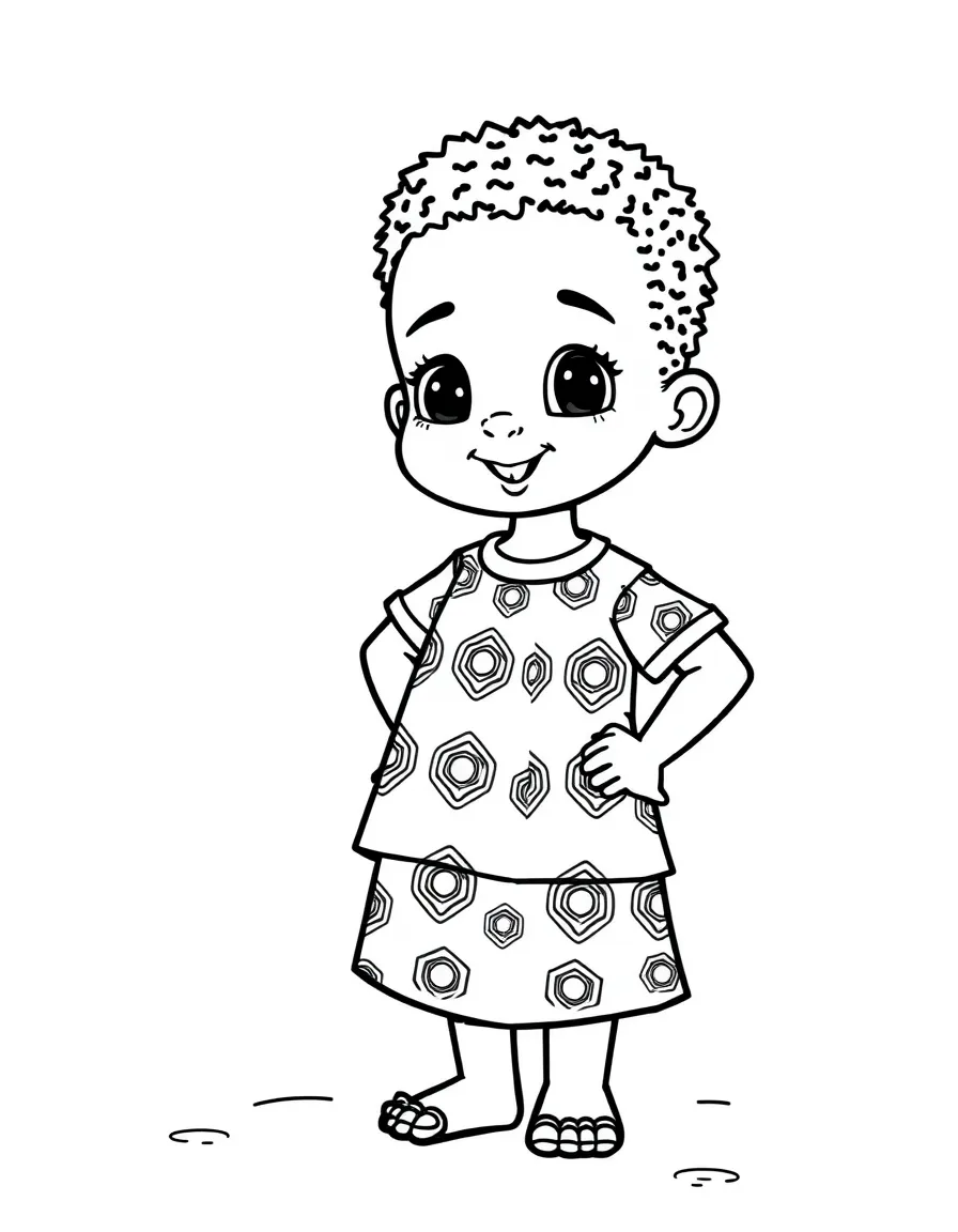 A Nigerian child, in a simple patterned outfit, looking proud.