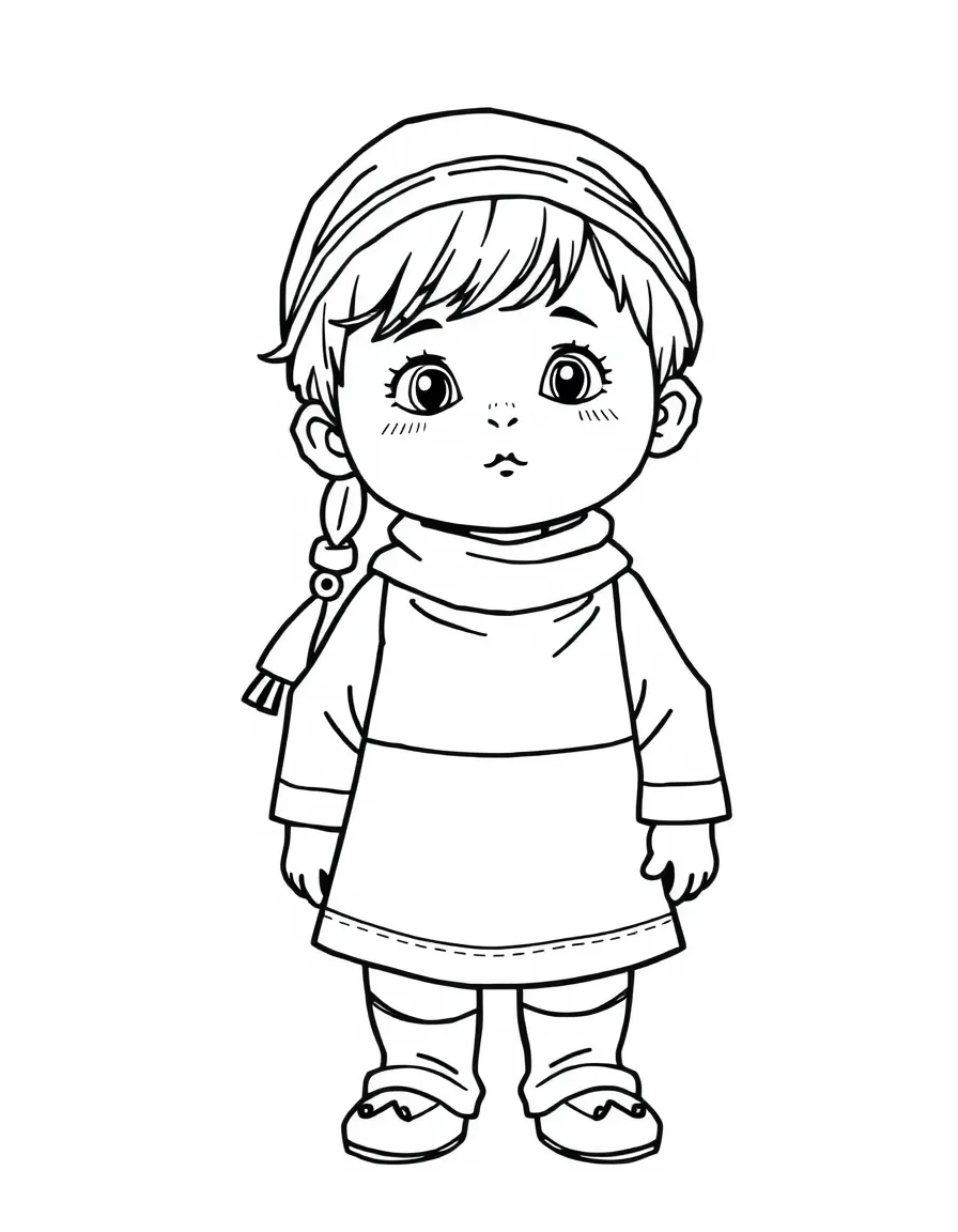 A Turkish child, in simple traditional clothes, looking calm.
