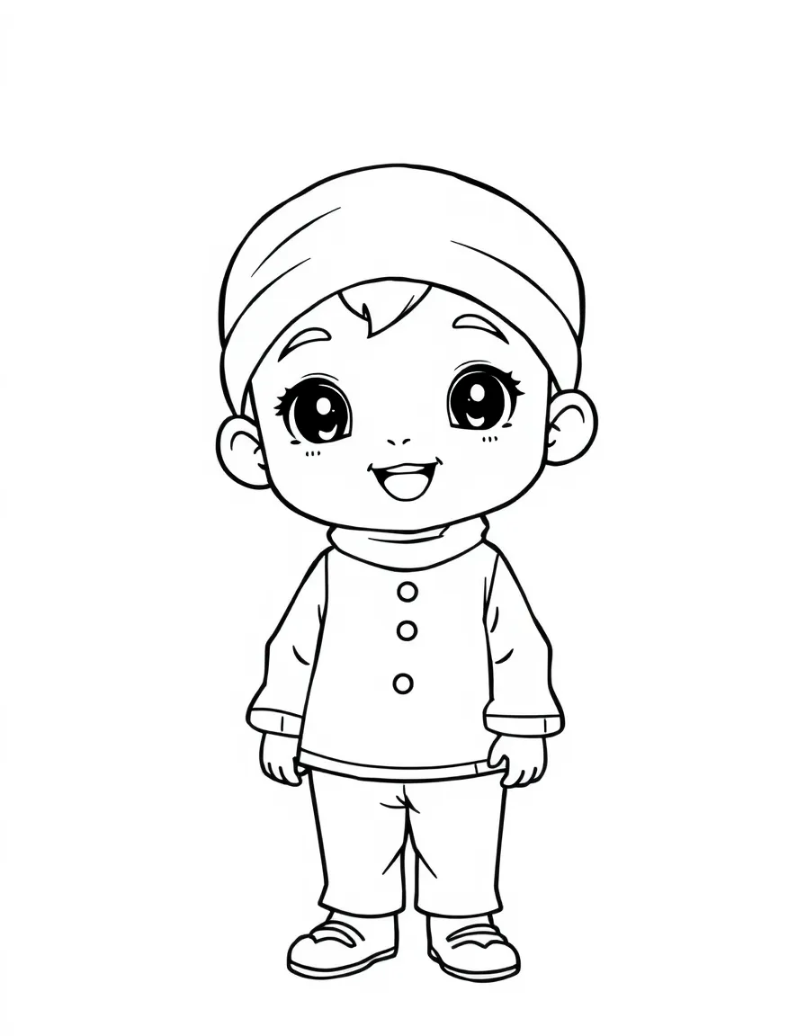 A Malaysian child, in a simple baju kurung, looking welcoming.