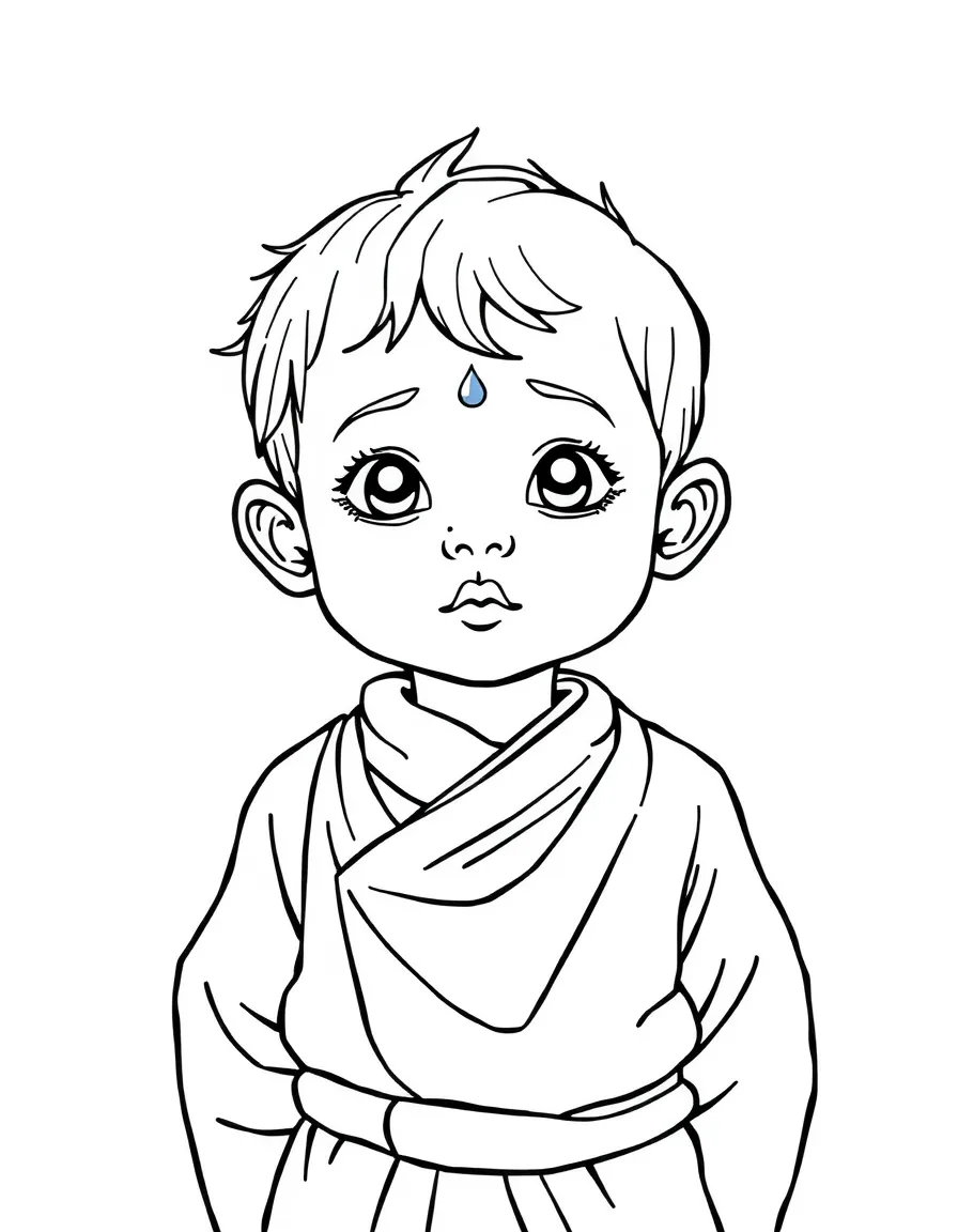 A Nepalese child, in simple traditional clothes, looking spiritual.