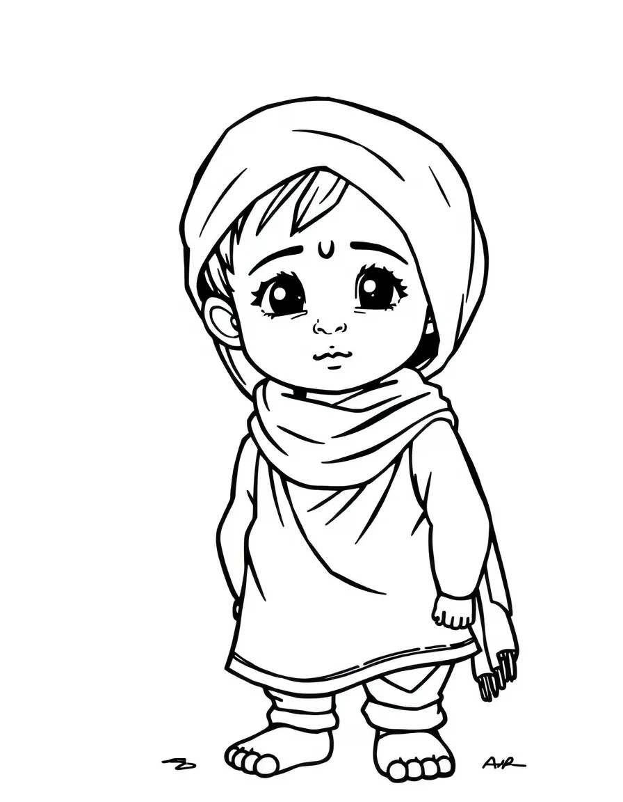 A Bangladeshi child, in simple traditional clothes, looking humble.