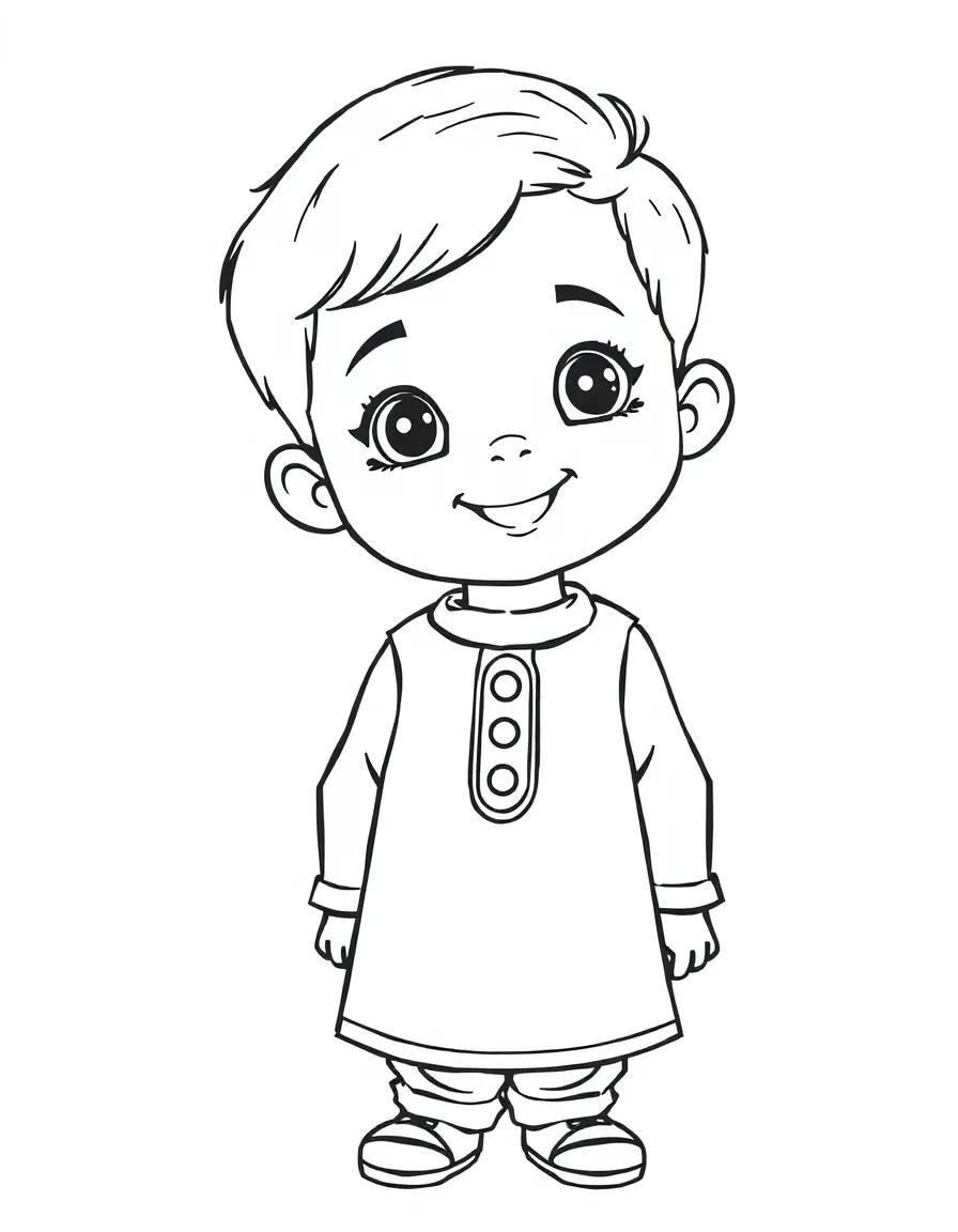 A Pakistani child, in a simple shalwar kameez, looking friendly.