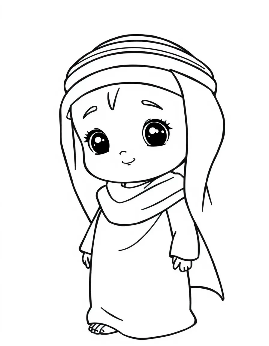 An Omani child, in a plain dishdasha, looking traditional.