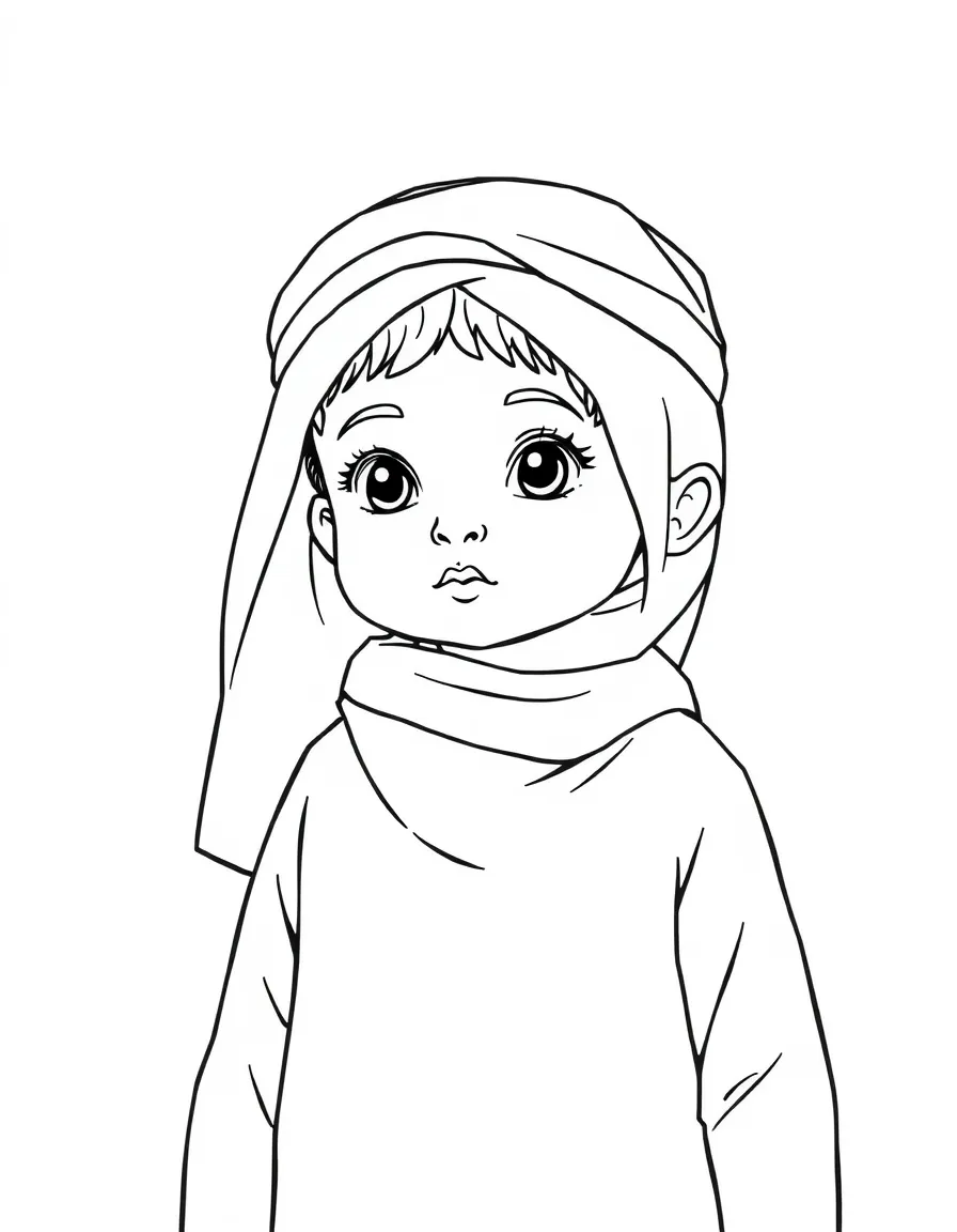 An Iraqi child, in a plain traditional dress, looking serene.