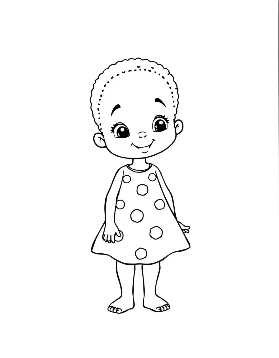 An African child in a bright yellow dress with a simple, playful pattern.