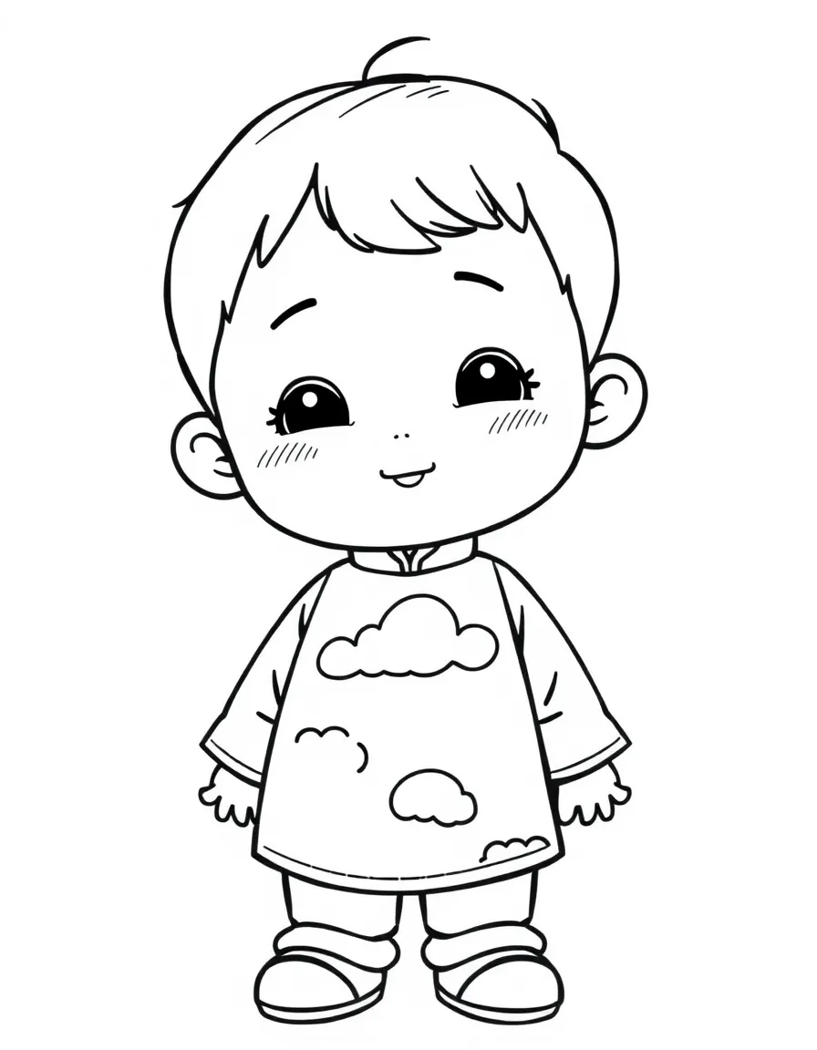 A Chinese child in a light green tunic with a simple cloud pattern.