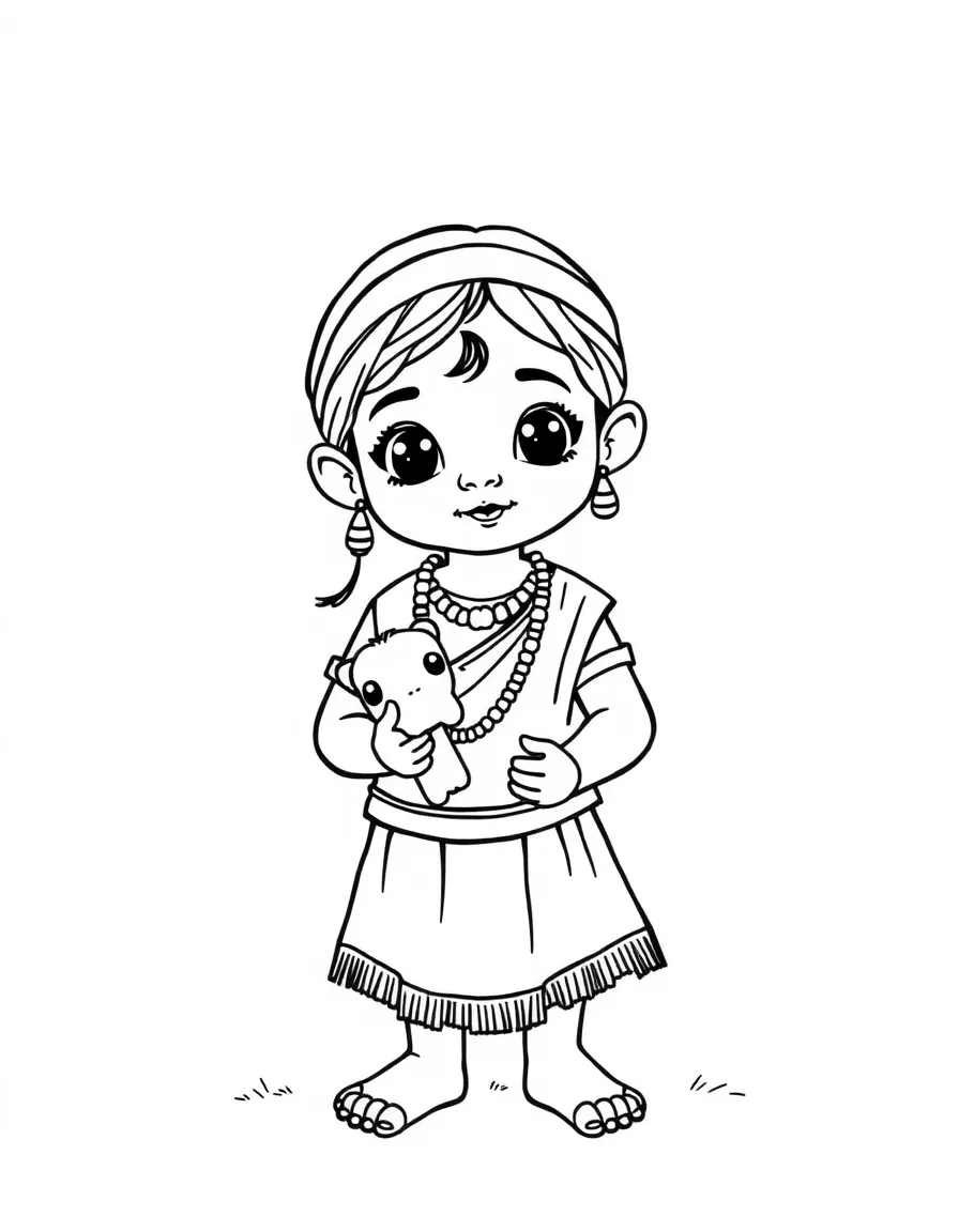 An Indian child in a simple orange top, holding a small toy animal.