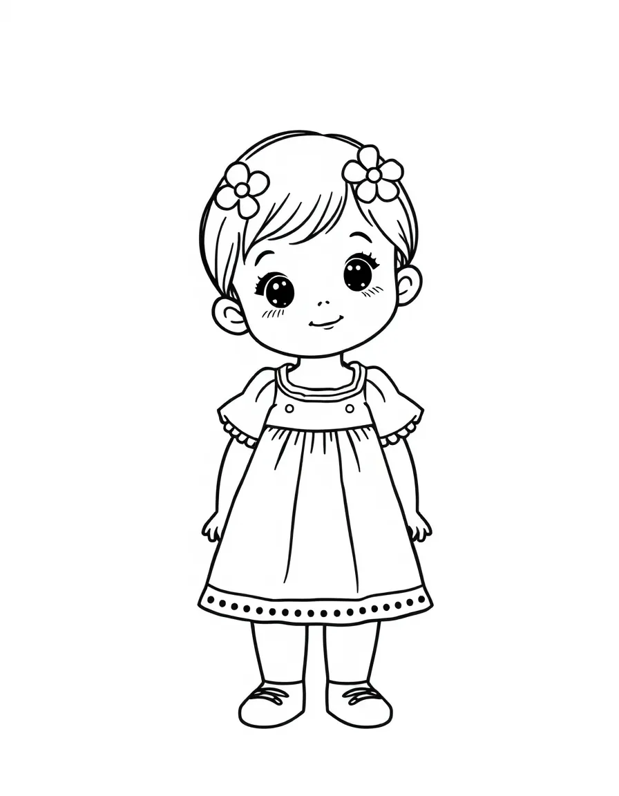 A Mexican child in a plain blue dress, with a small flower in their hair.