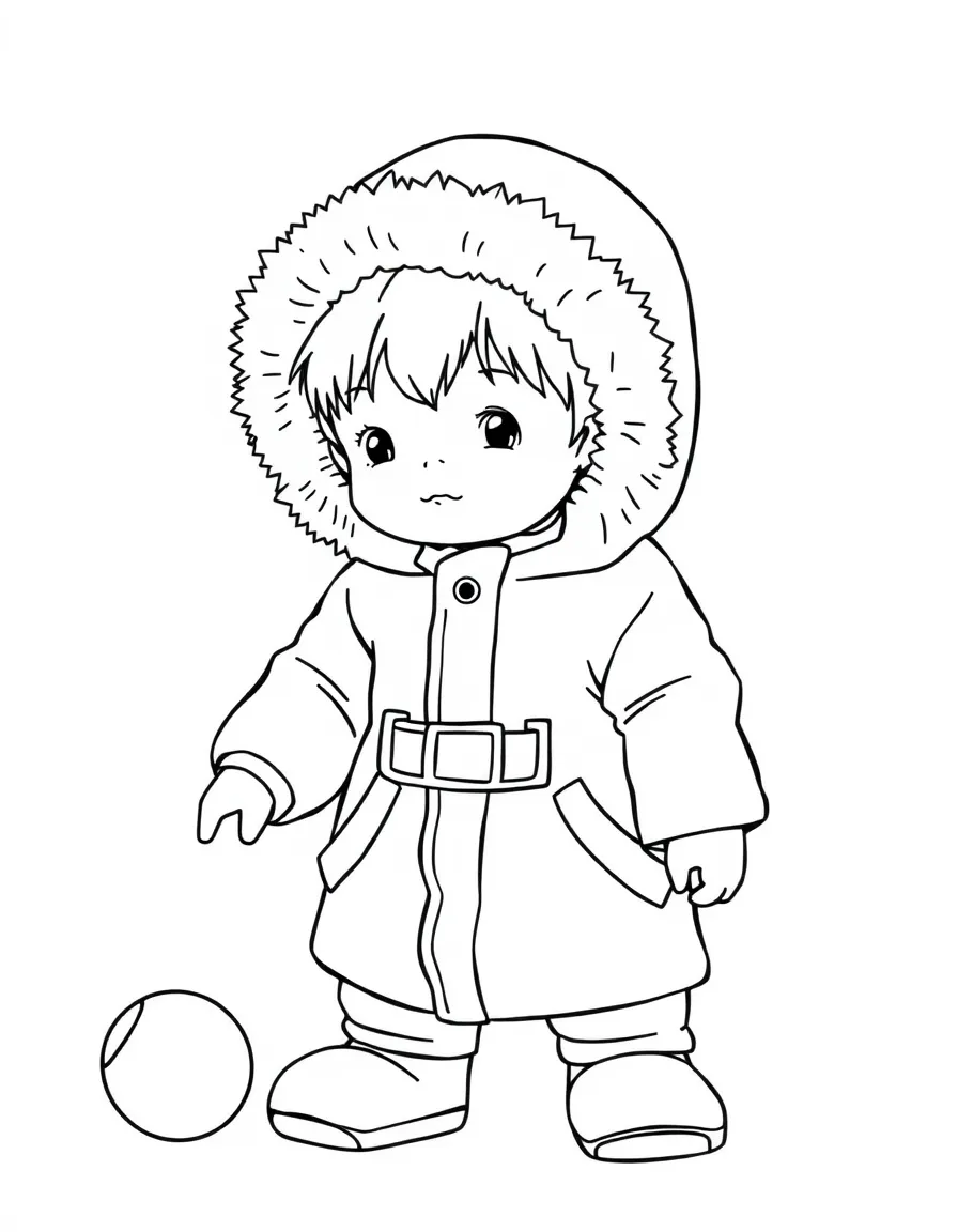 An Inuit child in a plain white parka, playing with a small ball.