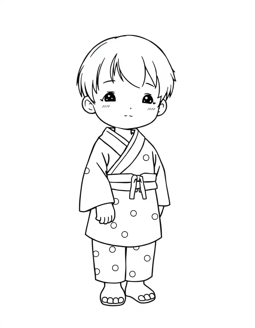 A Japanese child in a simple red yukata with a small dot pattern.