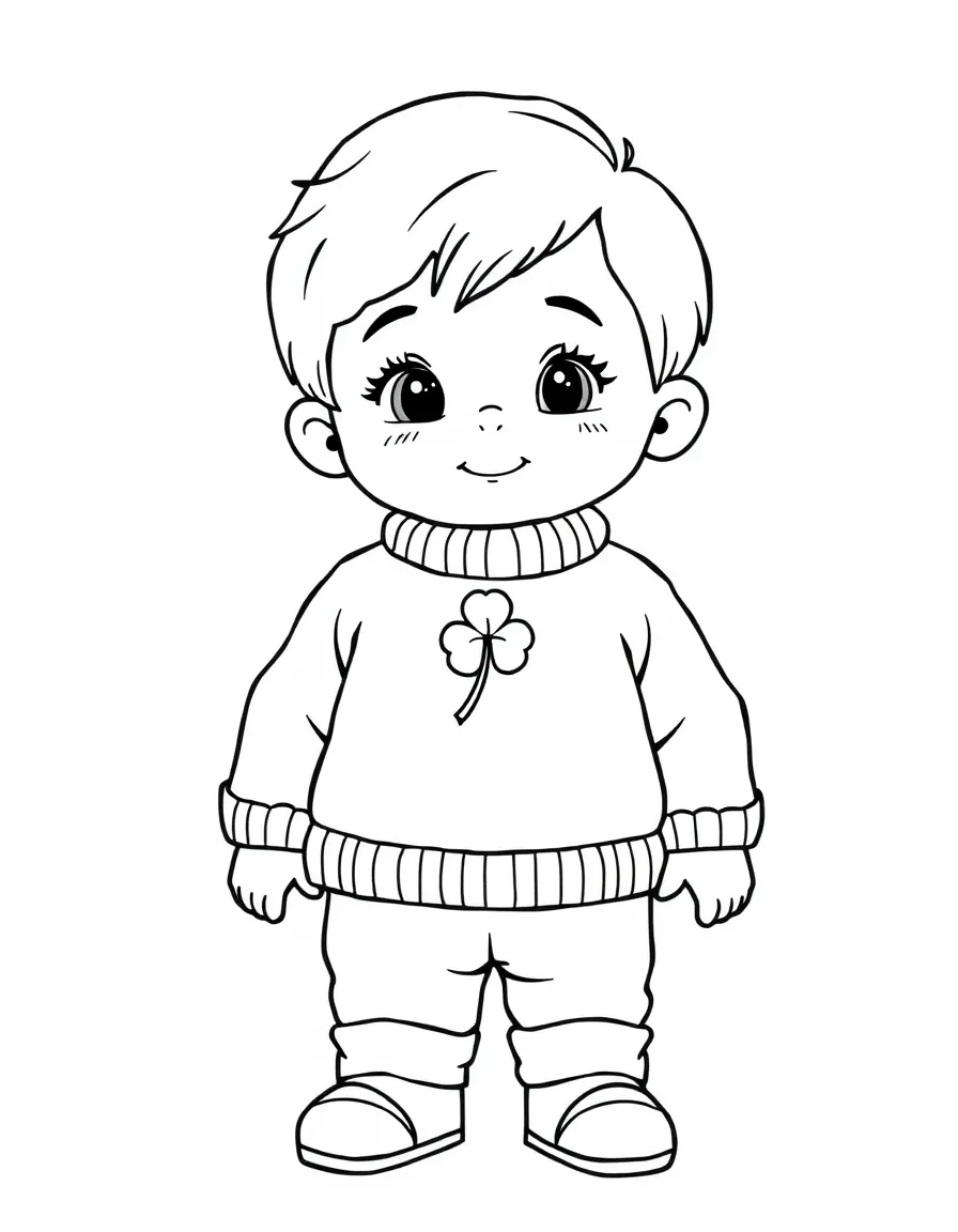 An Irish child in a simple light blue sweater, with a small shamrock.