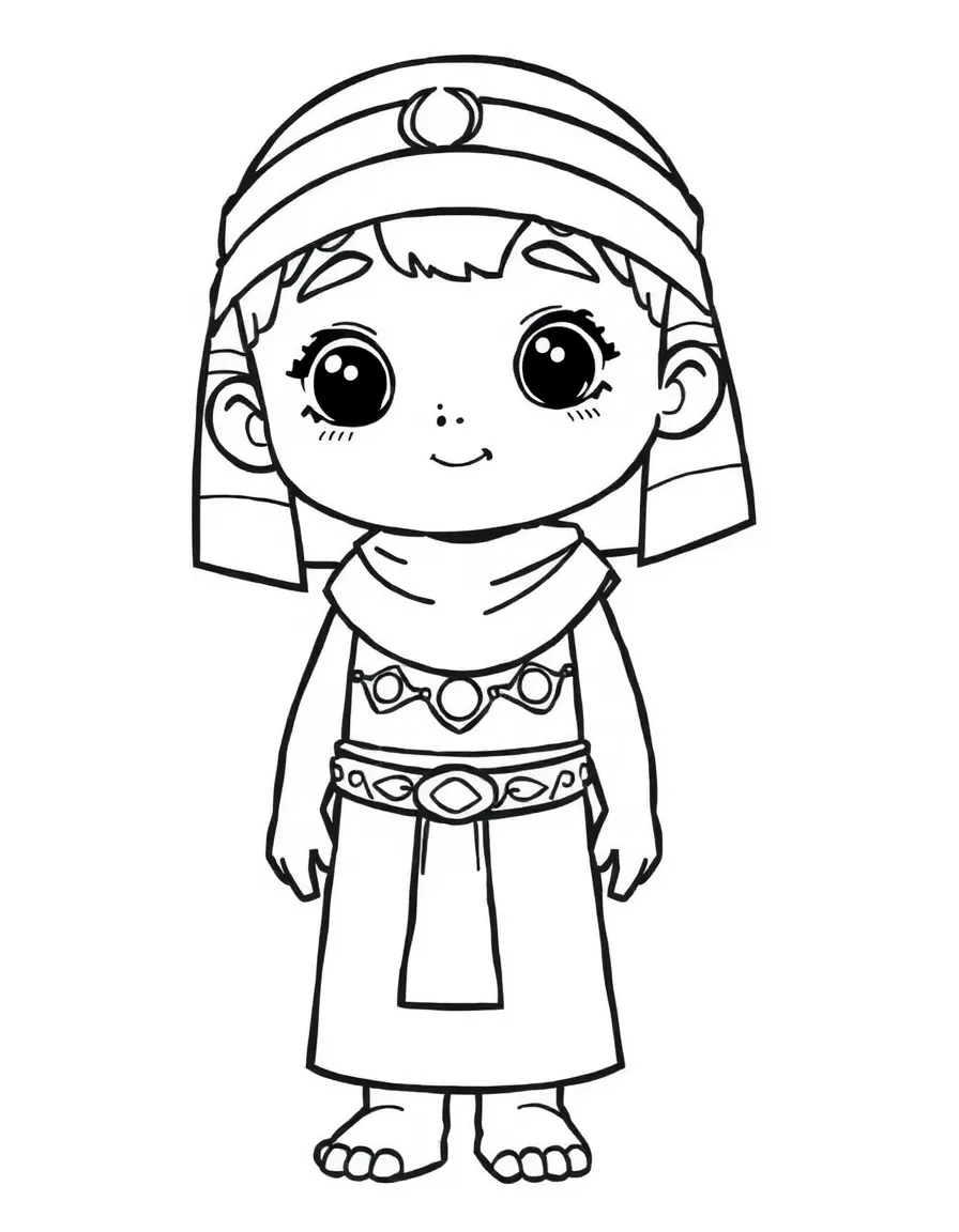 An Egyptian child in a plain beige tunic, with a simple patterned belt.