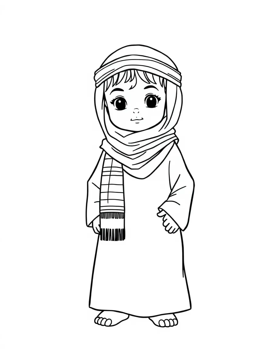 A Bedouin child in a plain grey abaya, with a simple striped scarf.
