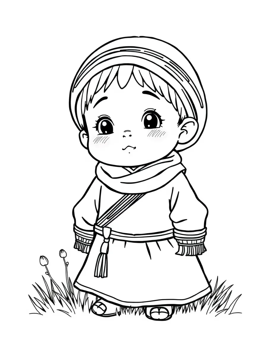 A Mongolian child in a simple green deel.