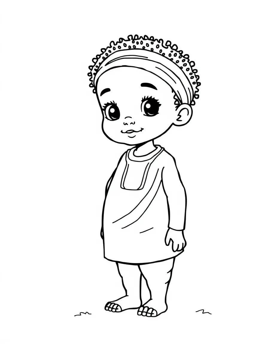 A Nigerian child in a simple orange agbada.