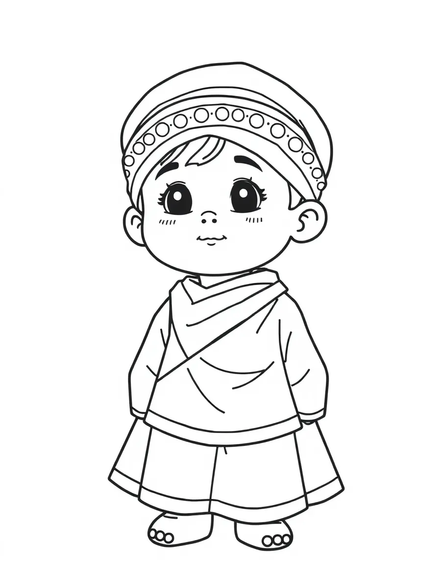 A Nepalese child in a simple blue and white daura suruwal.