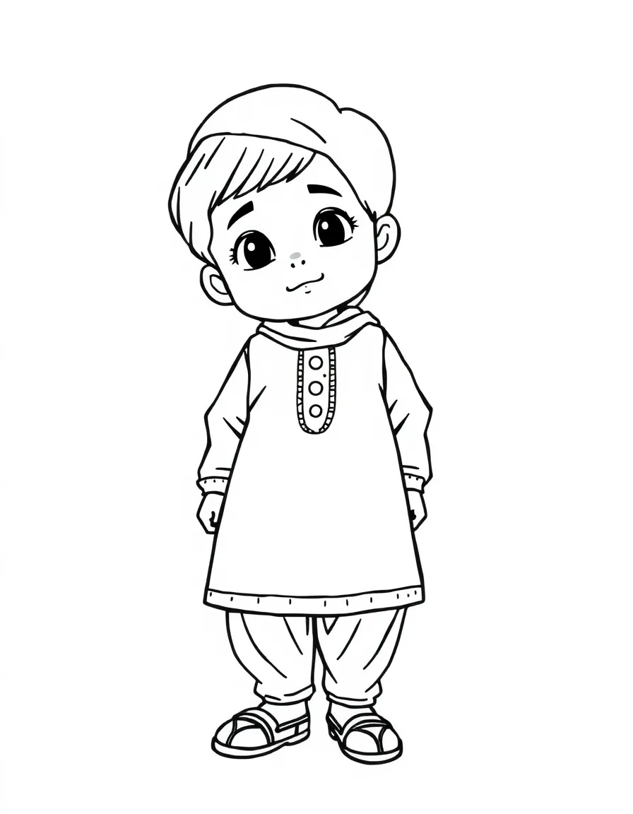 A Pakistani child in a simple blue shalwar kameez.