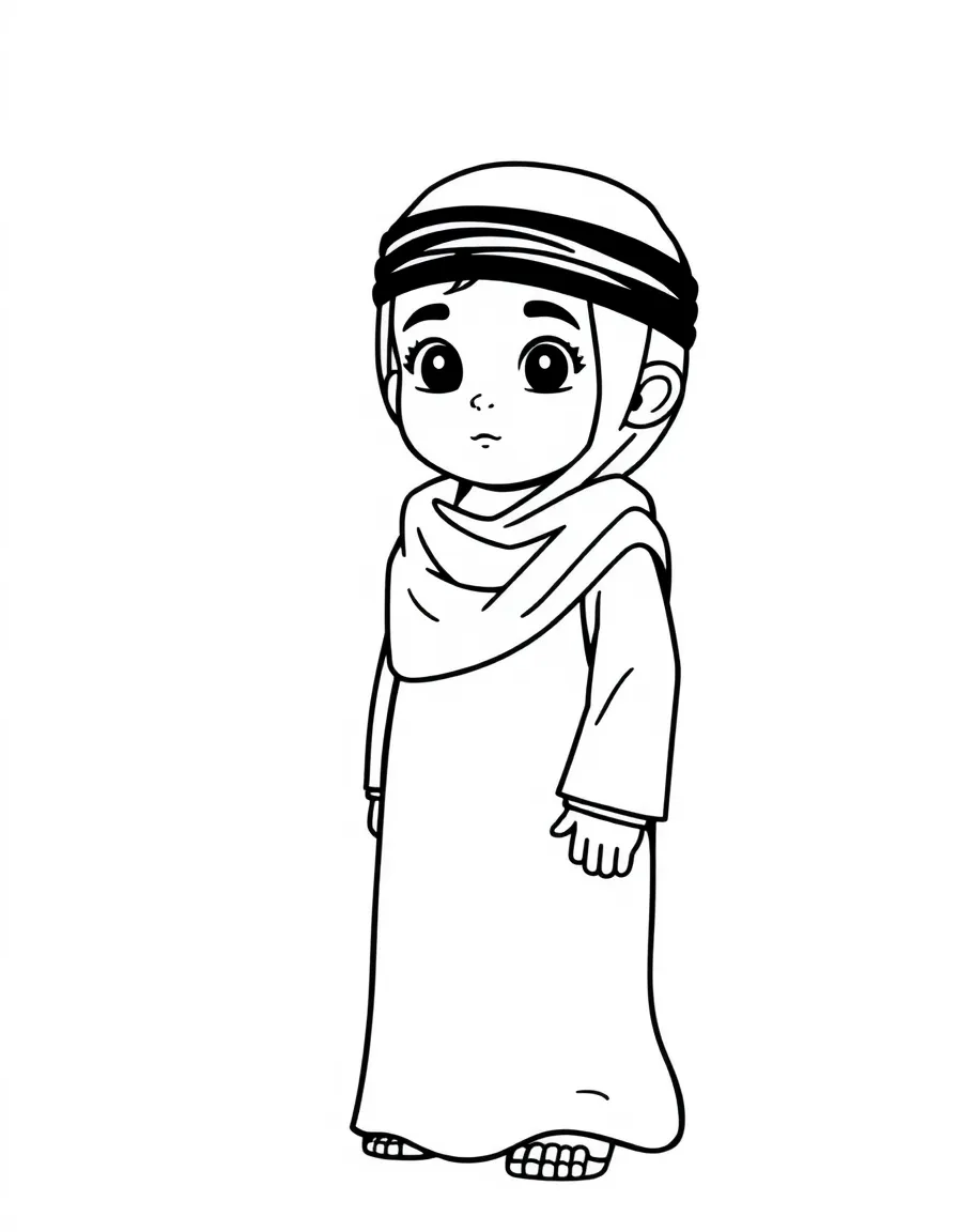A Palestinian child in a simple light blue and black thobe.