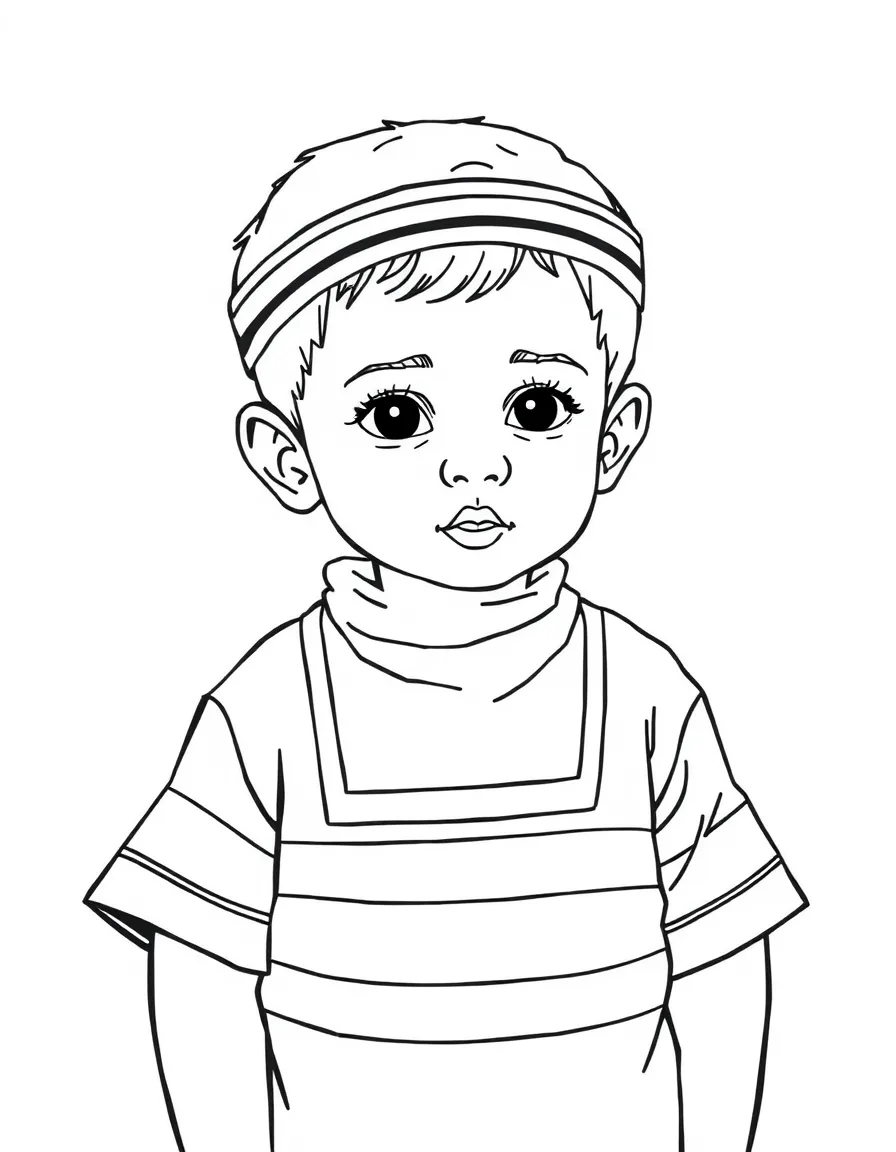 A Yemeni child in a simple red striped traditional shirt.