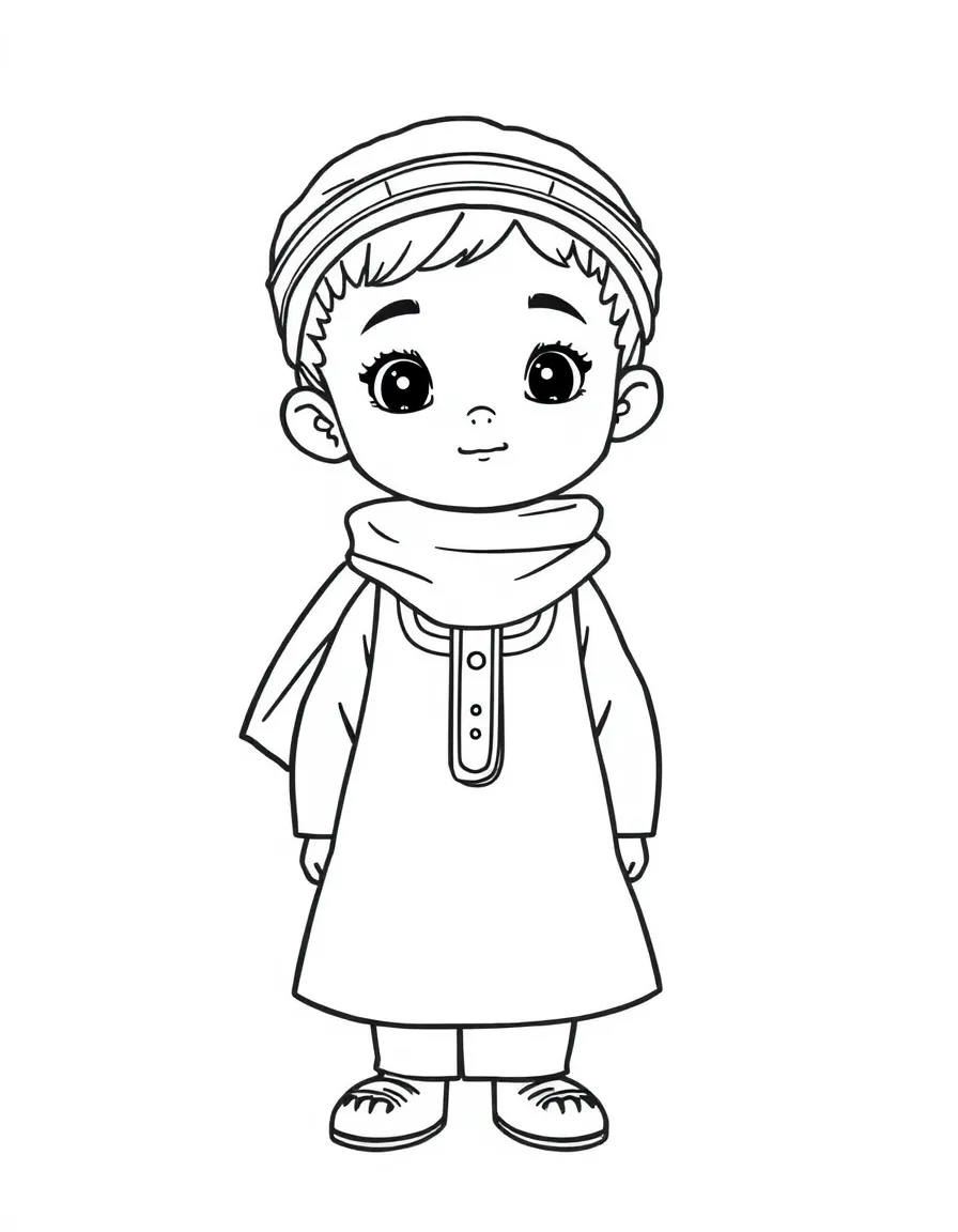An Iraqi child in a simple light green traditional dress.