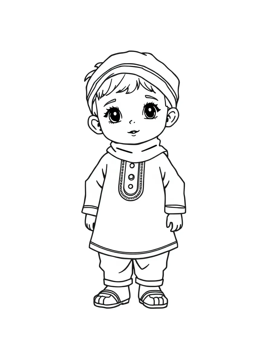 A Syrian child in a simple yellow traditional outfit.