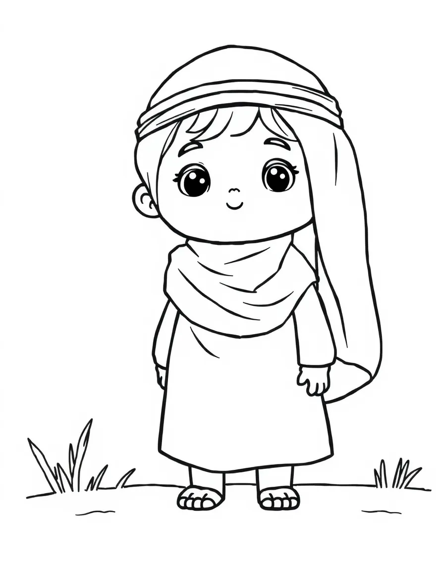 A Jordanian child in a simple light blue thobe.