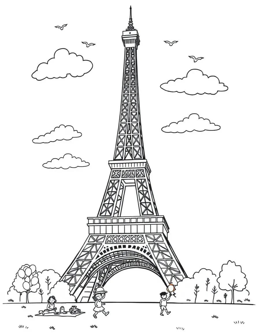 The Eiffel Tower in Paris with puffy clouds in the sky, small birds flying around, and children playing in the park below with balloons and picnic blankets
