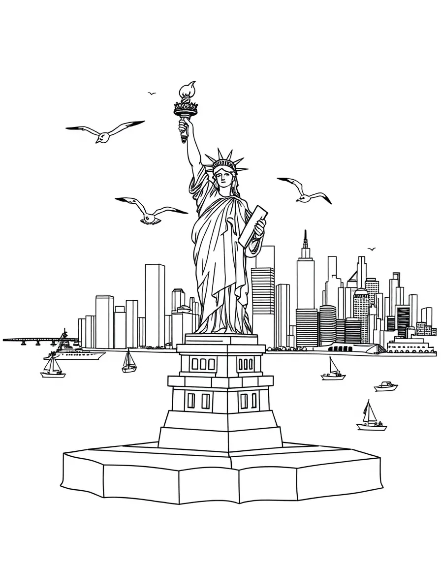The Statue of Liberty on Liberty Island with boats in the harbor, seagulls flying around her torch, and the New York City skyline in the background